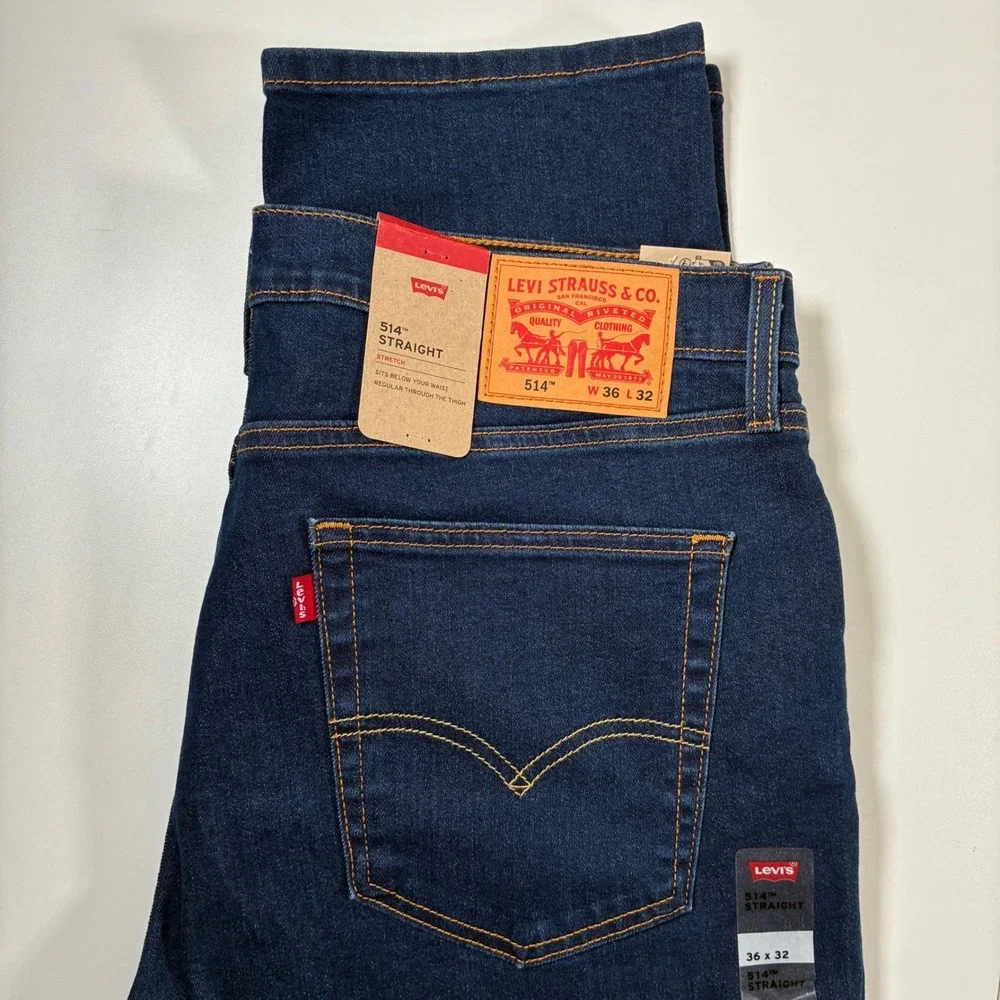 NEW Levi's 514 Straight Jeans 36x32 Dark Wash Indigo Stretch Denim USA Cowboy